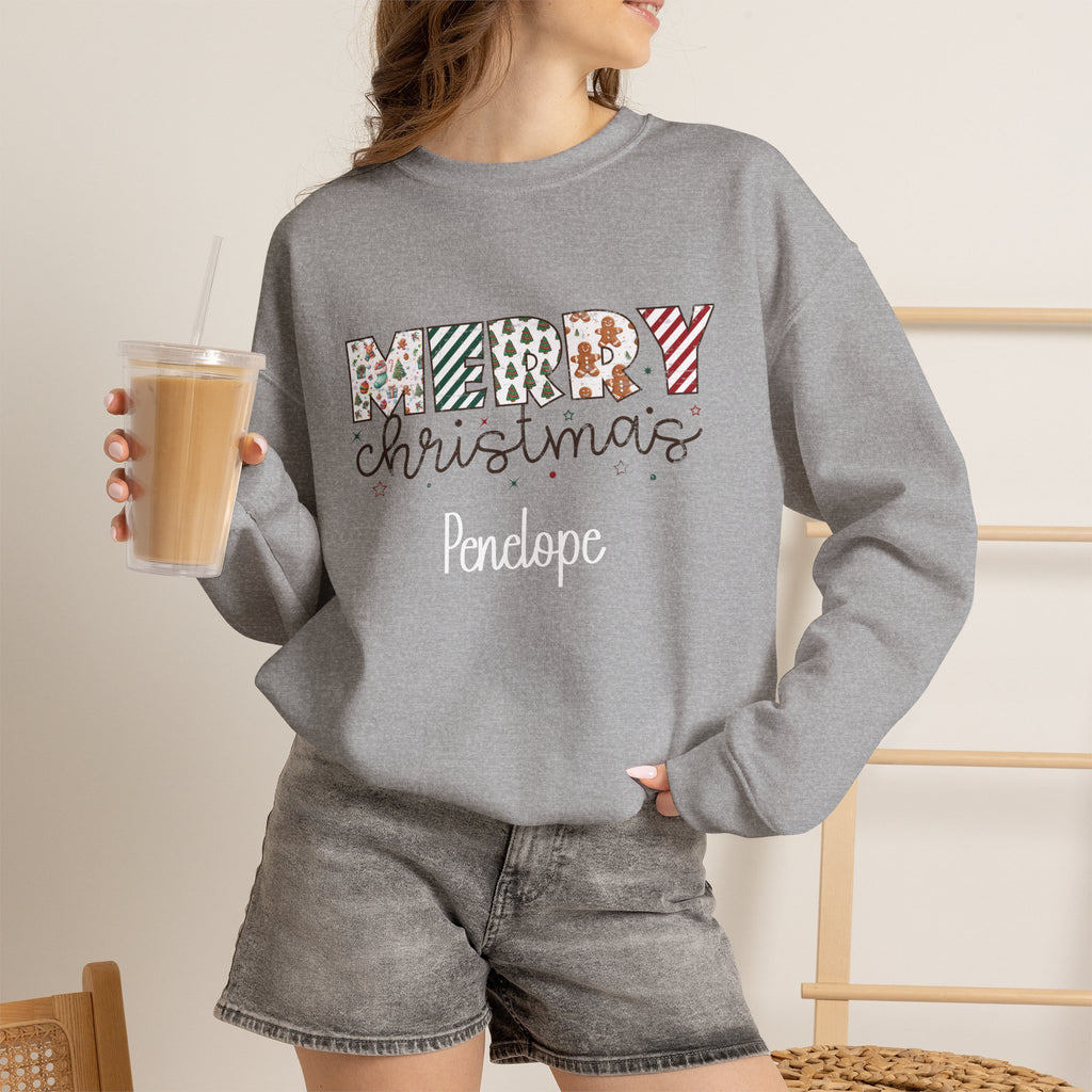 Sport Grey personalized Merry Christmas sweatshirt, worn by model