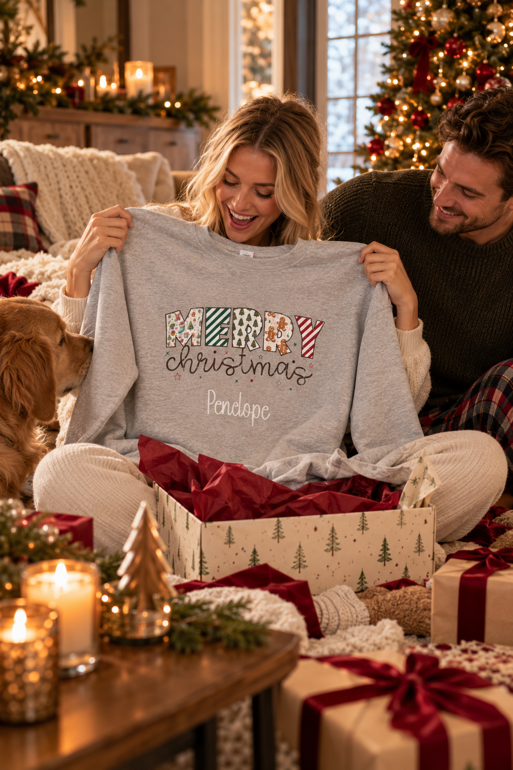 Sport Grey personalized Merry Christmas sweatshirt, couple unwrapping it as a Christmas gift, lifestyle photo