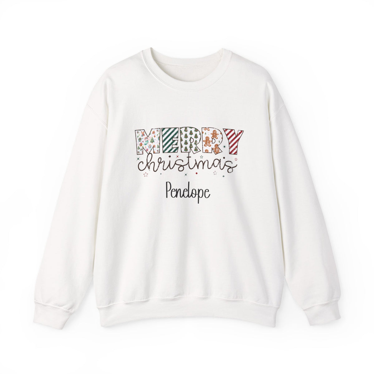 White personalized Merry Christmas sweatshirt, front view