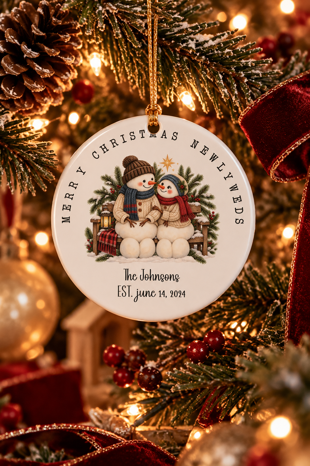 Personalized Merry Christmas Newlyweds ornament on a decorated Christmas tree with red ribbon and warm lights, lifestyle photo