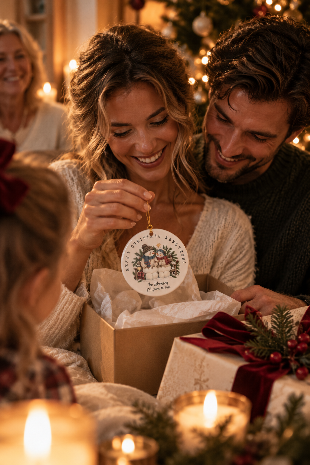 Couple smiling as they unwrap the Merry Christmas Newlyweds ornament