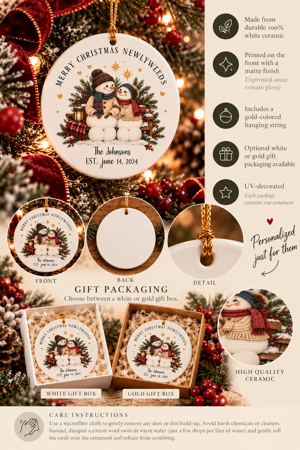 Personalized Merry Christmas Newlyweds ornament infographic with features, gift packaging options and care instructions
