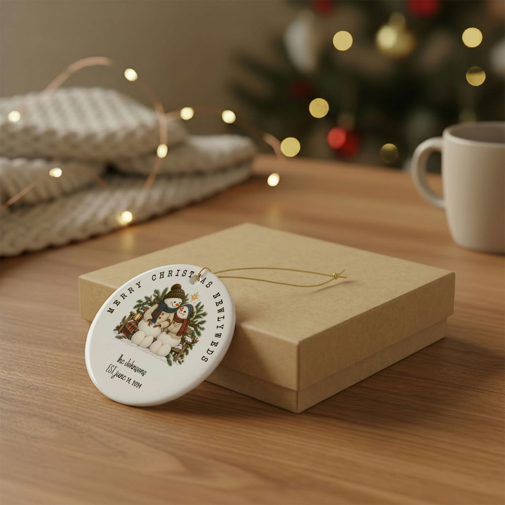 Personalized newlyweds Christmas ornament resting on a kraft gift box beside a mug and knit throw