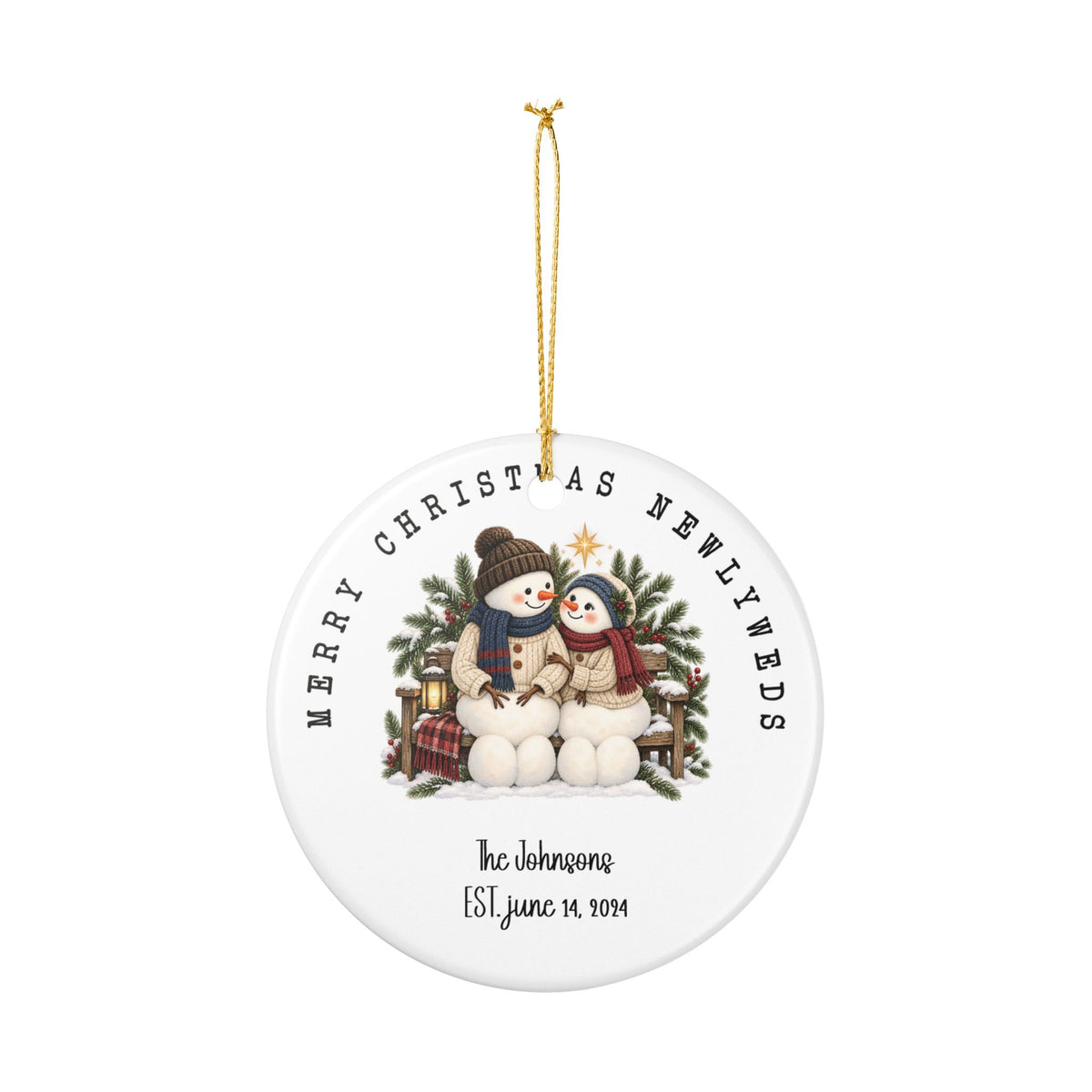 Personalized Merry Christmas Newlyweds ornament hanging from its gold string