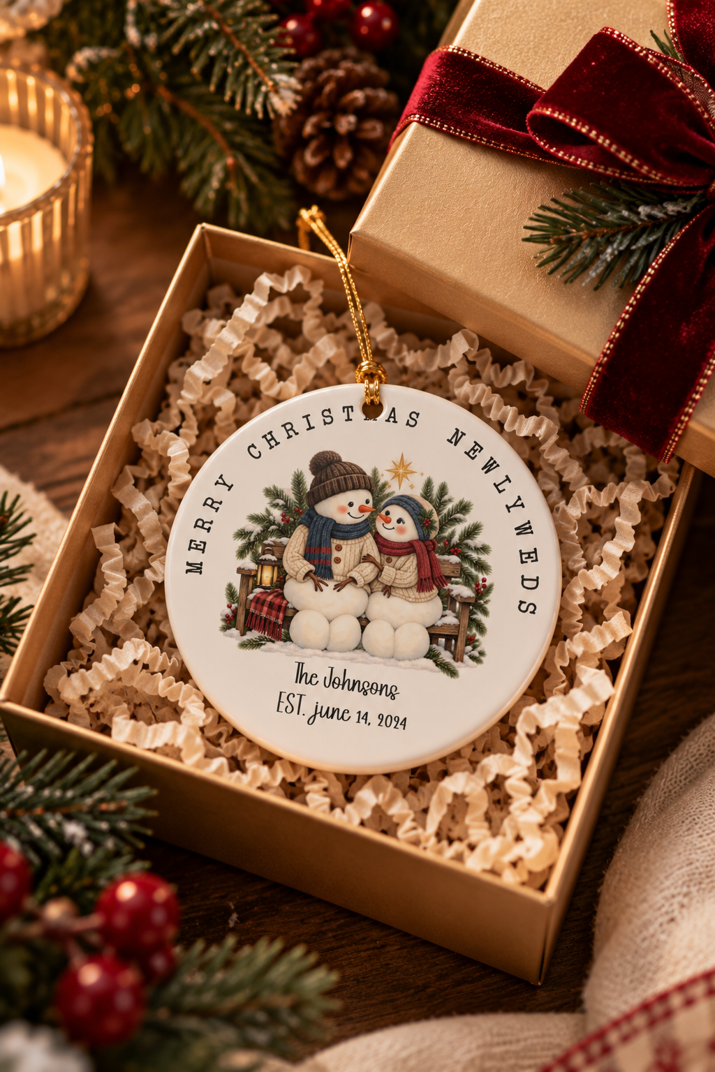 Merry Christmas Newlyweds ornament nestled in a kraft gift box with crinkle paper, ready to give