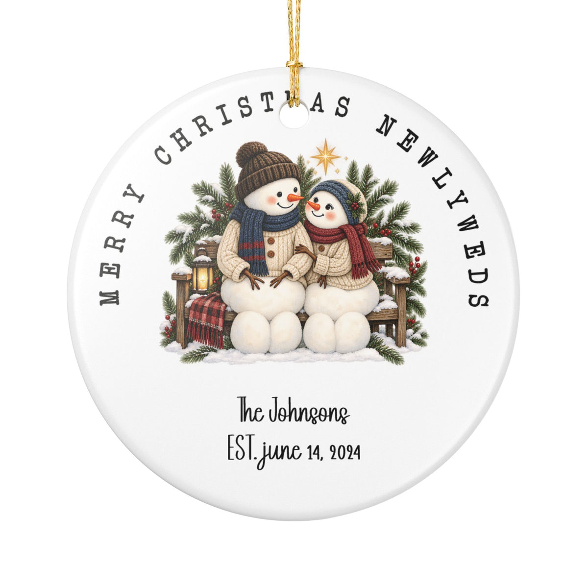 Merry Christmas Newlyweds ceramic Christmas ornament personalized with the family name and established date