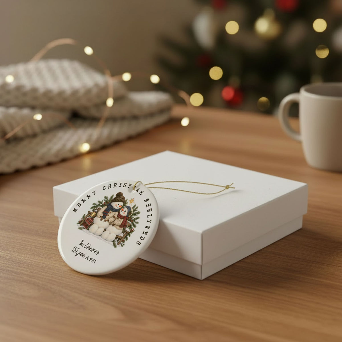 Merry Christmas Newlyweds ornament leaning against a white gift box on a wooden table