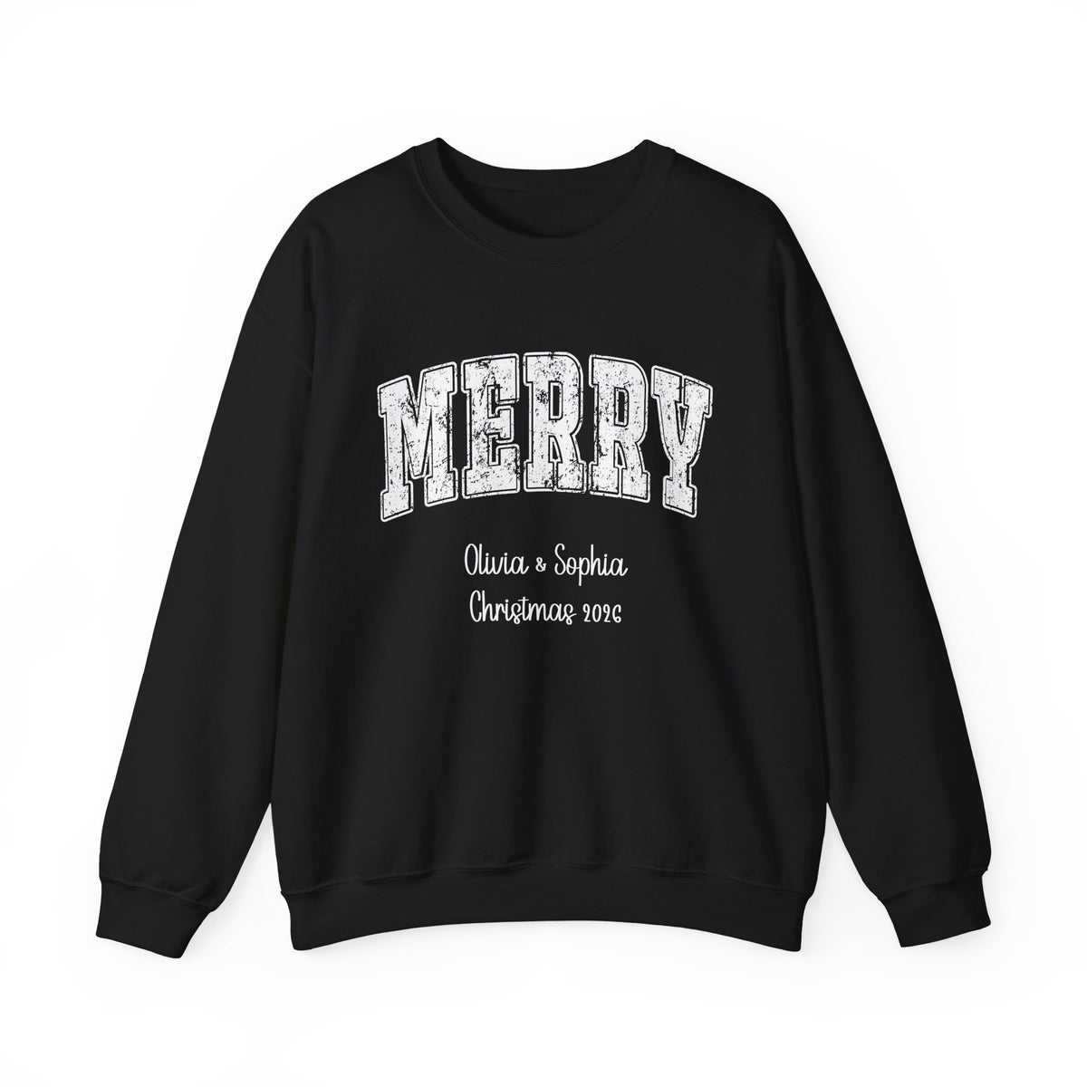 Black personalized Merry Varsity sweatshirt, front view