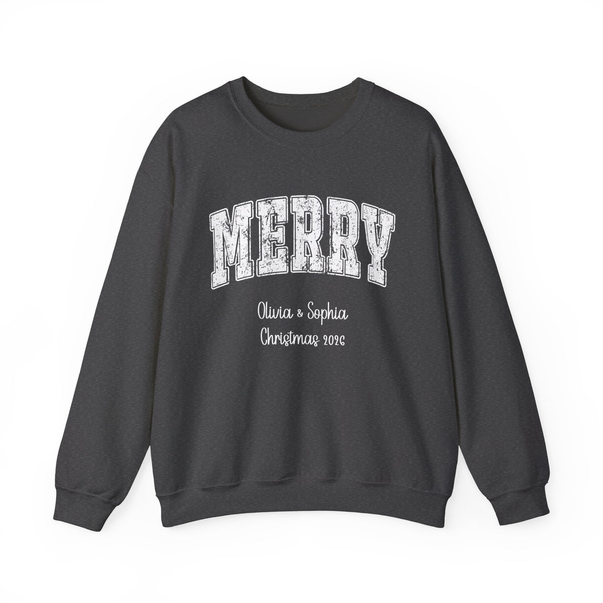 Dark Heather personalized Merry Varsity sweatshirt, front view
