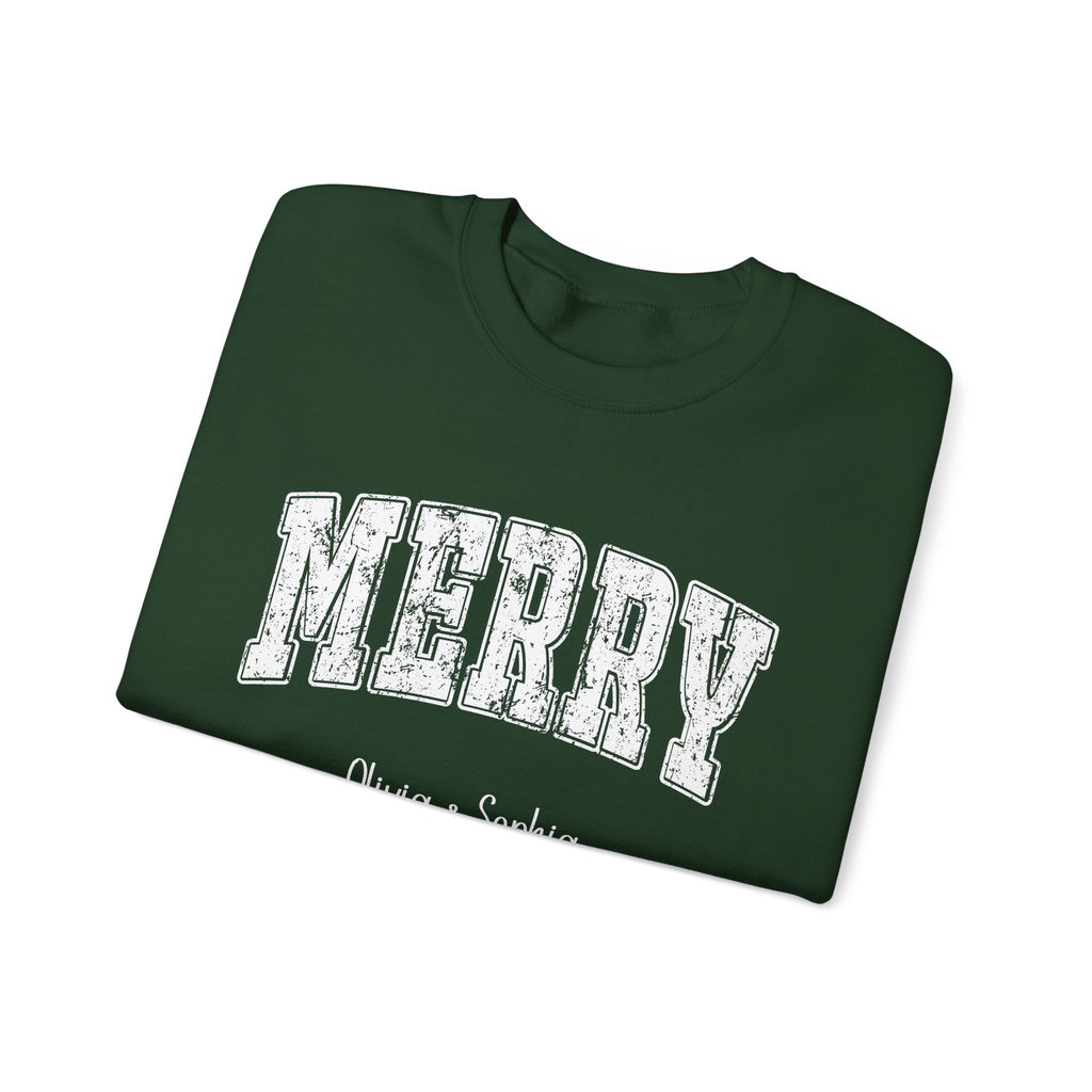 Forest Green personalized Merry Varsity sweatshirt, folded