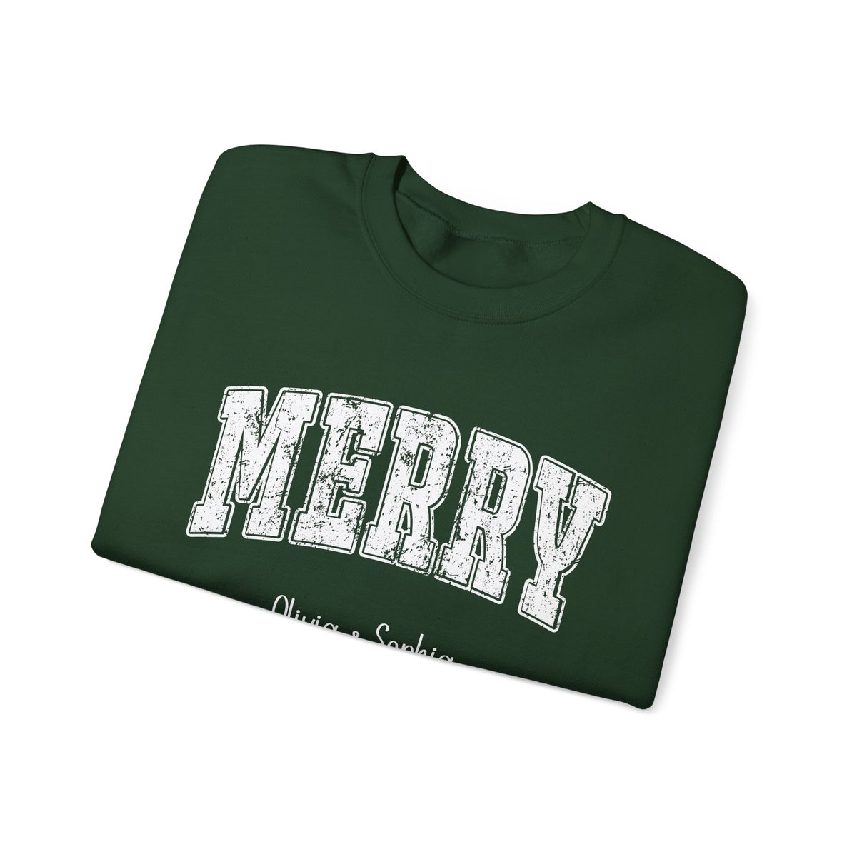 Forest Green personalized Merry Varsity sweatshirt, folded