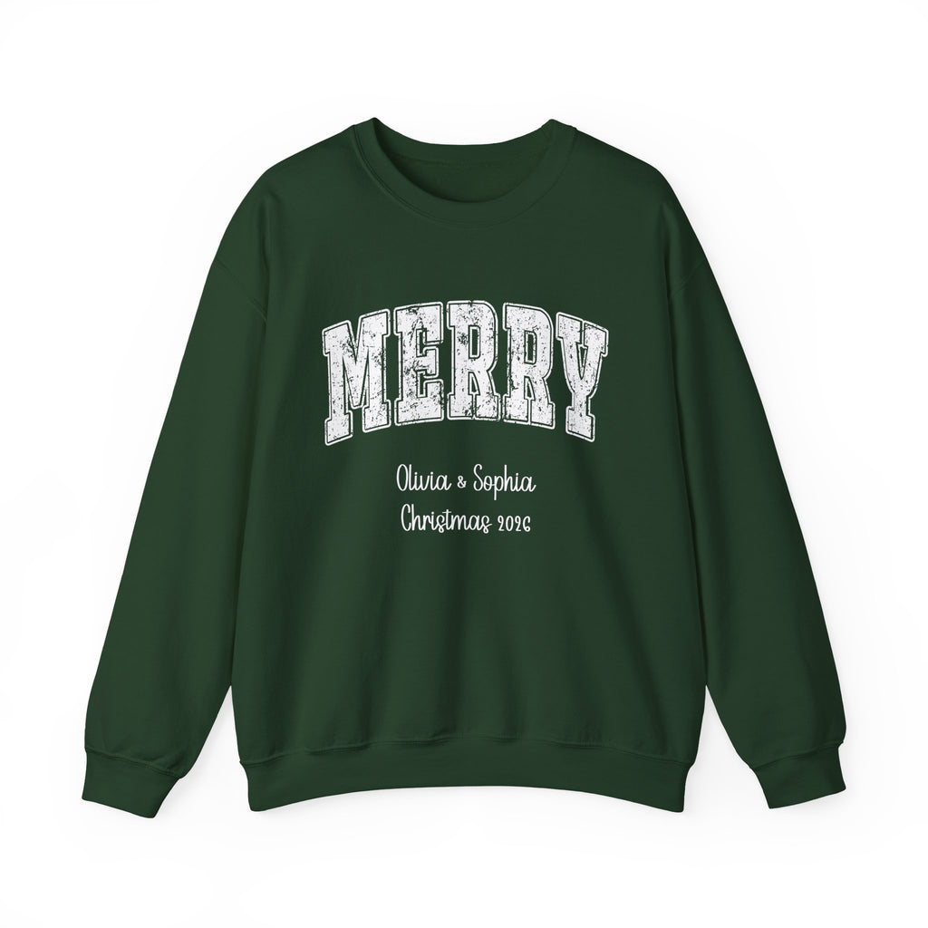 Forest Green personalized Merry Varsity sweatshirt, front view
