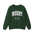 Forest Green personalized Merry Varsity sweatshirt, front view