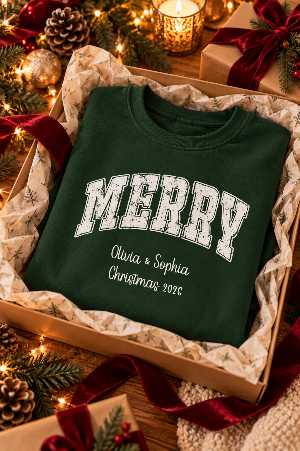 Forest Green personalized Merry Varsity sweatshirt, in a Christmas gift box, lifestyle photo