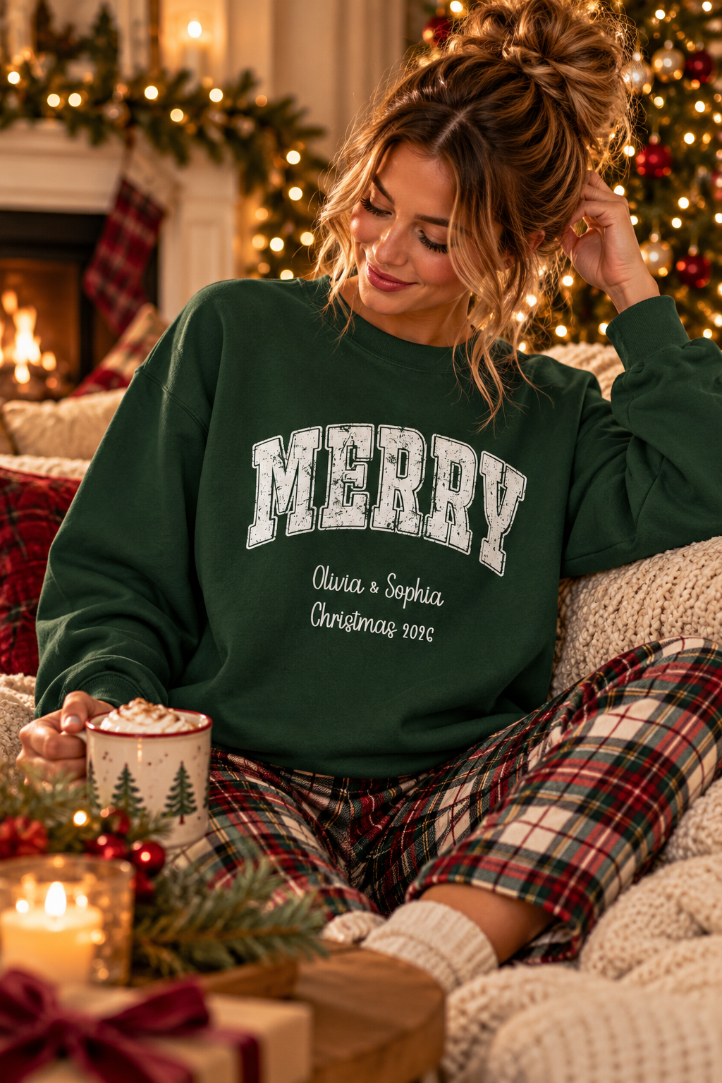 Forest Green personalized Merry Varsity sweatshirt, lifestyle photo by the Christmas tree