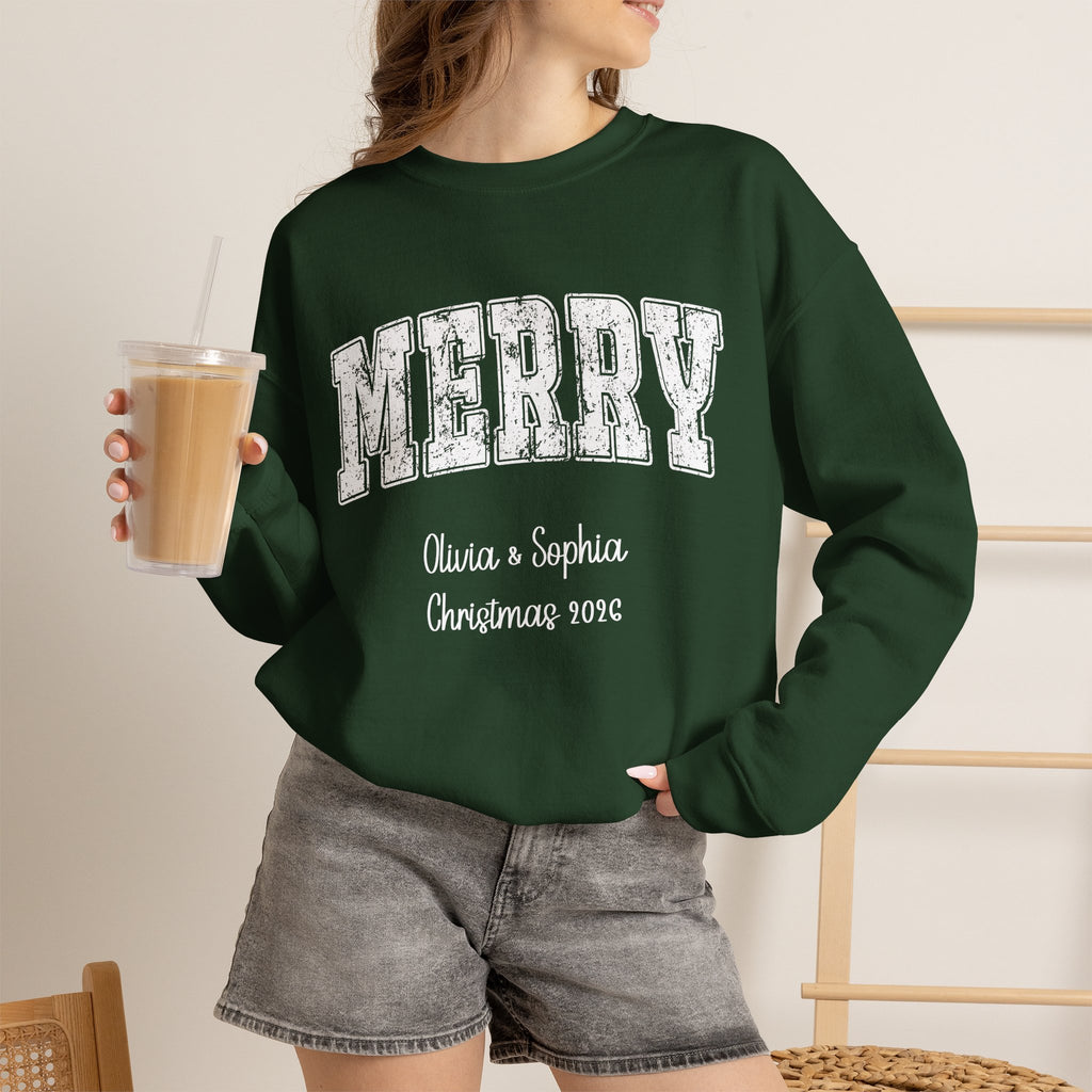 Forest Green personalized Merry Varsity sweatshirt, worn by model