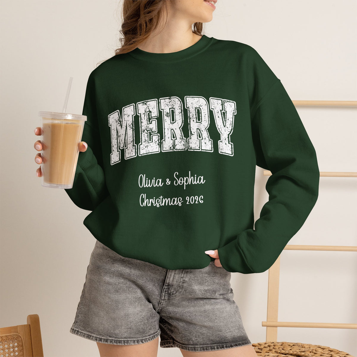 Forest Green personalized Merry Varsity sweatshirt, worn by model