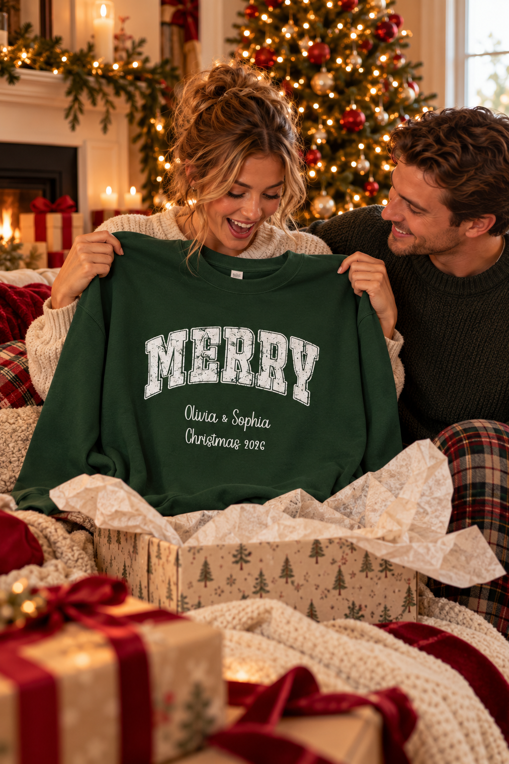 Forest Green personalized Merry Varsity sweatshirt, couple unwrapping it as a Christmas gift, lifestyle photo