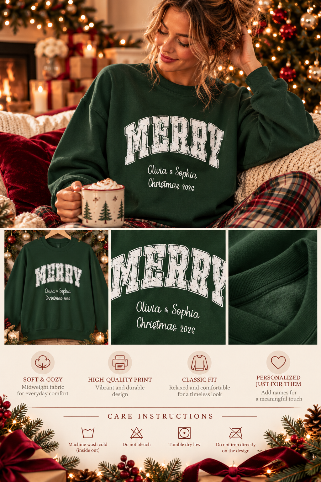 Personalized Merry Varsity sweatshirt infographic with features, gift details and care instructions