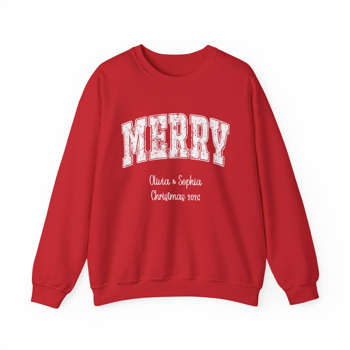 Red personalized Merry Varsity sweatshirt, front view