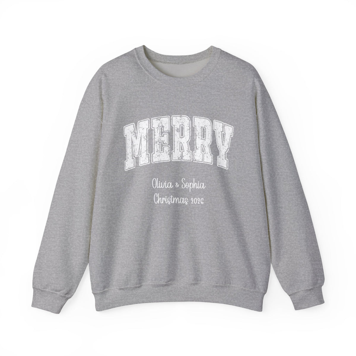Sport Grey personalized Merry Varsity sweatshirt, front view