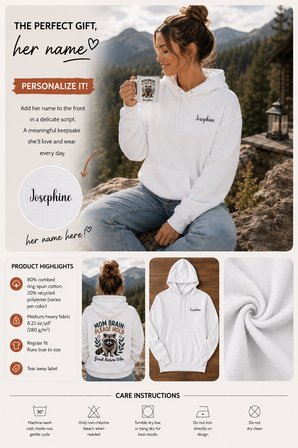 A promotional collage for a personalized white hoodie. The top section shows a woman sitting outdoors in front of mountains, wearing the hoodie and holding a mug, with text explaining personalization. With on the back a graphic of a raccoon with the text 'MOM BRAIN PLEASE HOLD' above and 'Groak Nature Vibe' below.  For mom