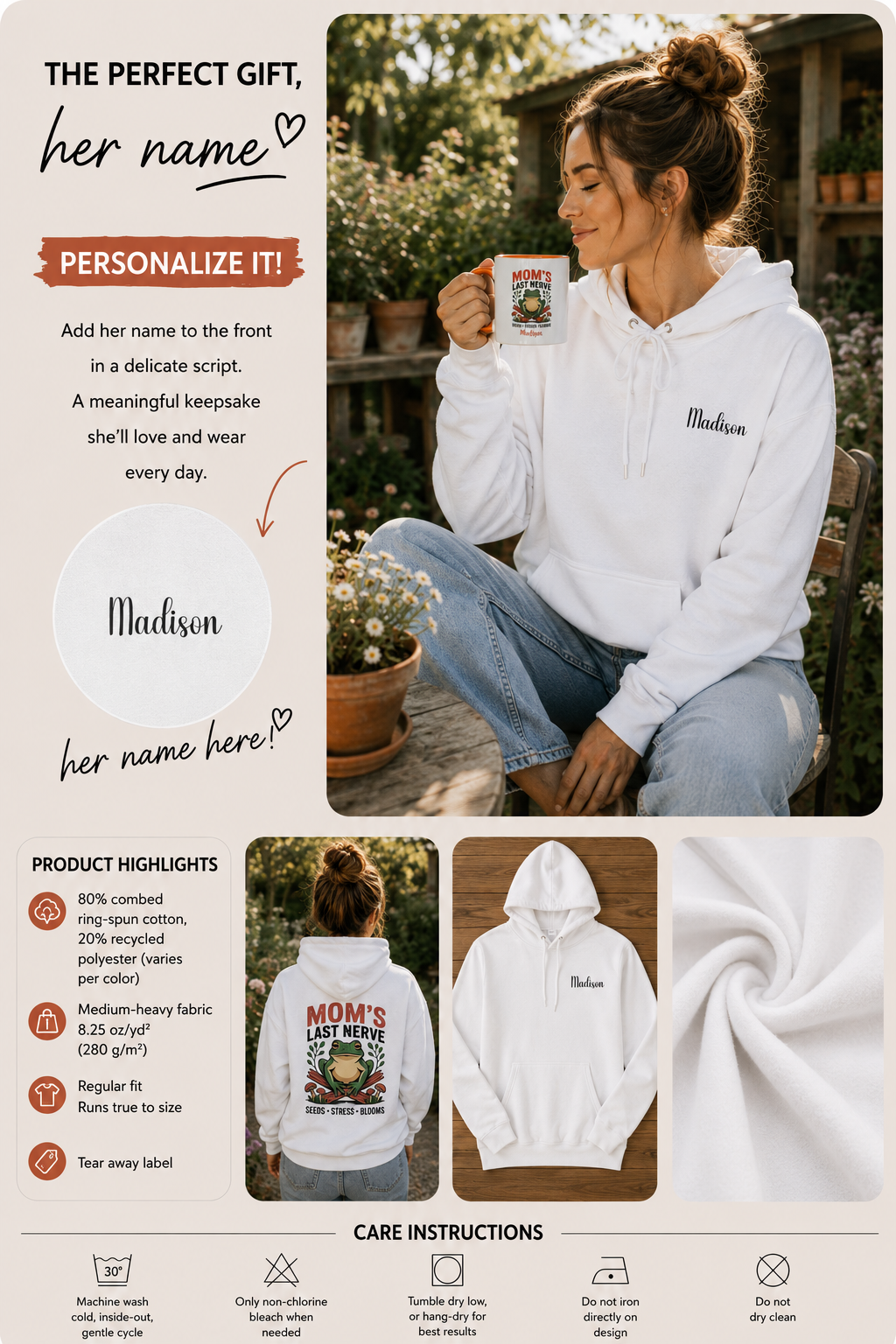 A promotional collage for a customizable white hoodie. A woman sits outdoors wearing the hoodie, holding a mug, with text on the left reading 'The Perfect Gift, her name' and 'Personalize it!'. For mom.