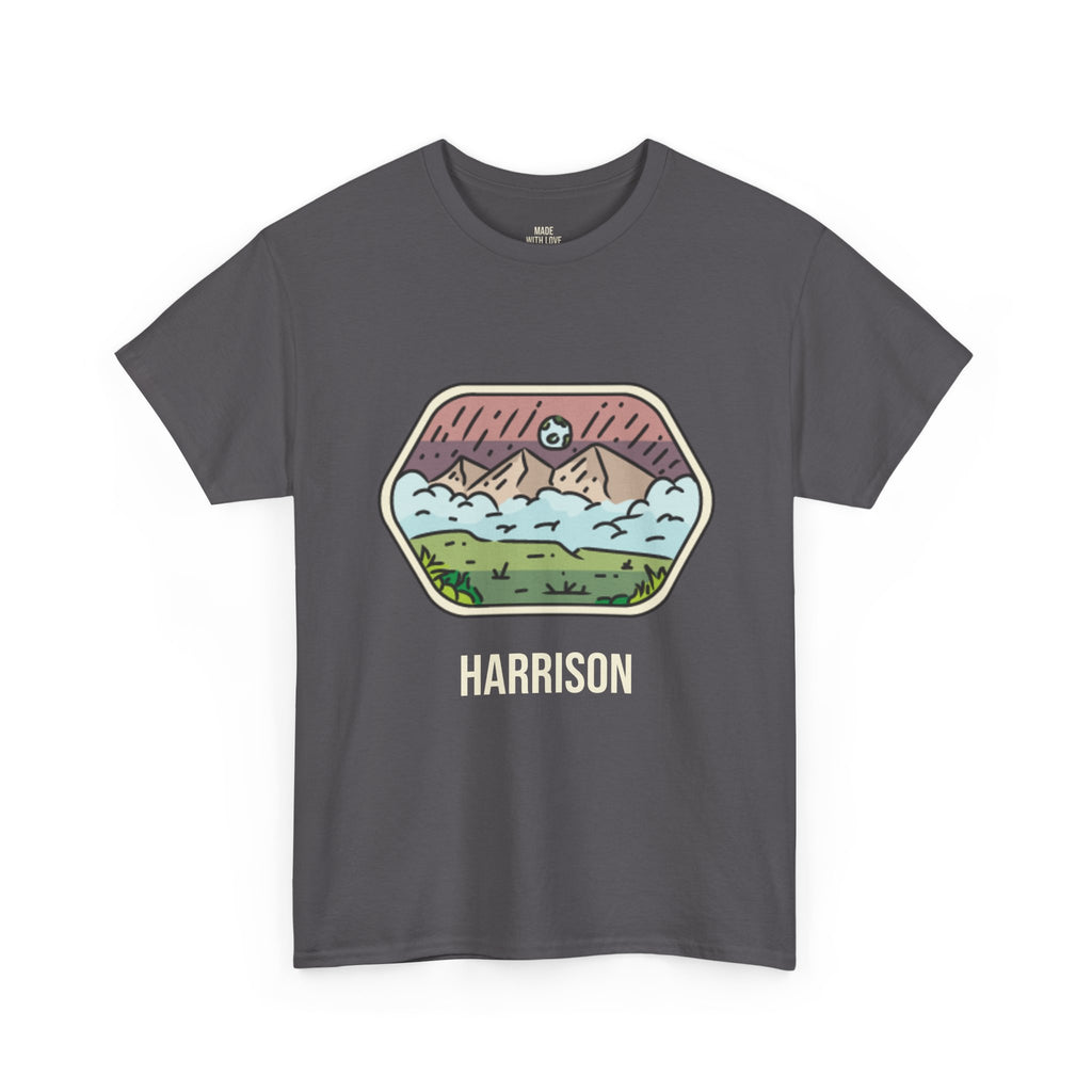 Moonlit Peaks personalized t-shirt with mountain badge design and name on the front