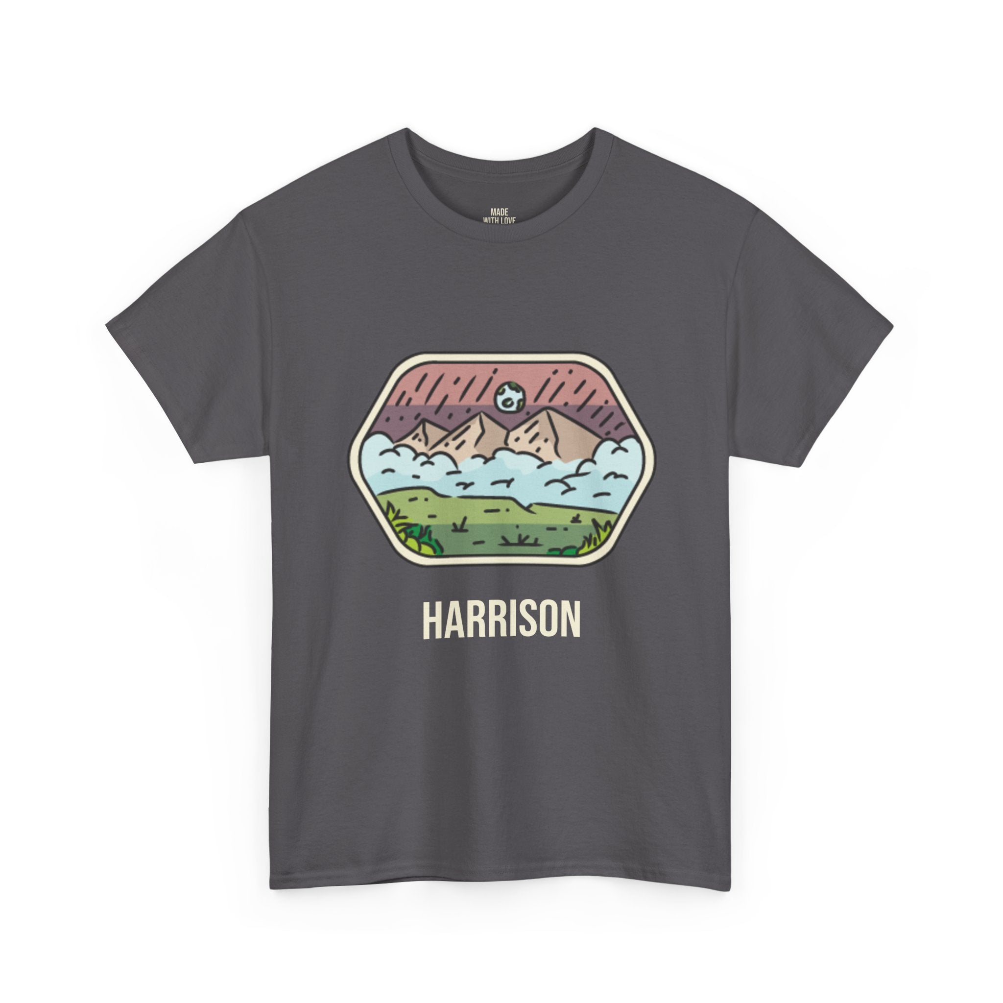 Moonlit Peaks personalized t-shirt with mountain badge design and name on the front