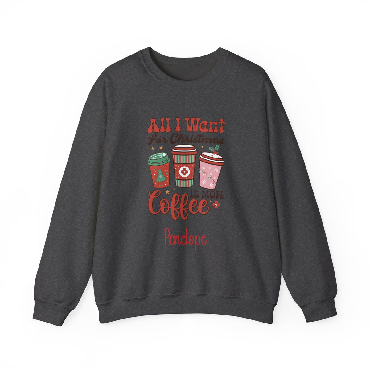 Dark Heather personalized More Coffee Christmas sweatshirt, front view