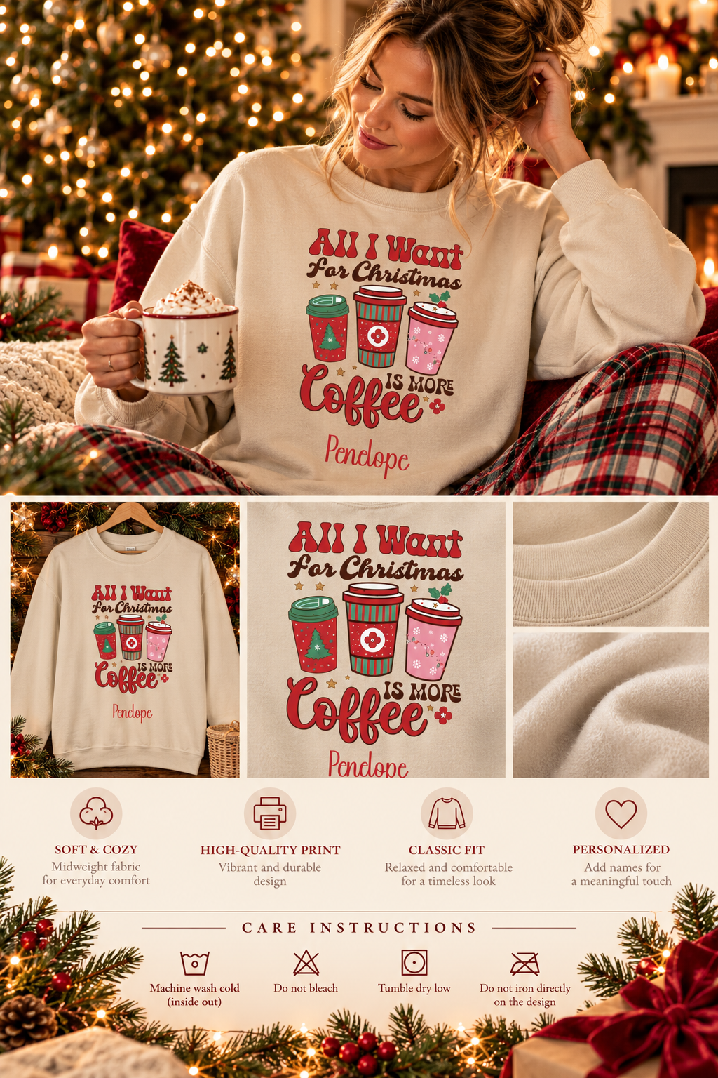 Personalized More Coffee Christmas sweatshirt infographic with features, gift details and care instructions