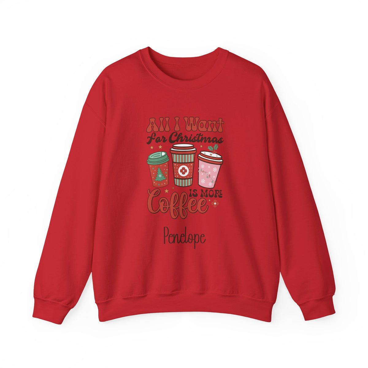 Red personalized More Coffee Christmas sweatshirt, front view