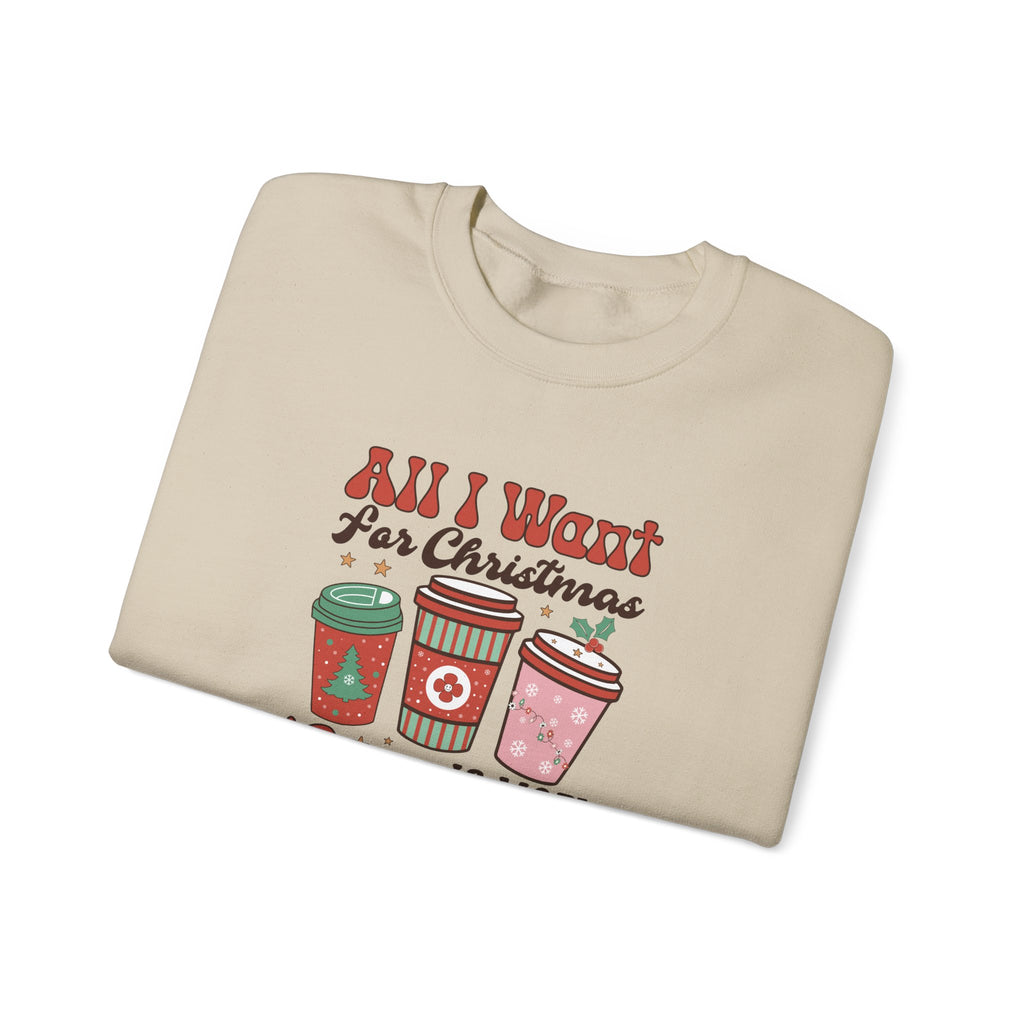 Sand personalized More Coffee Christmas sweatshirt, folded
