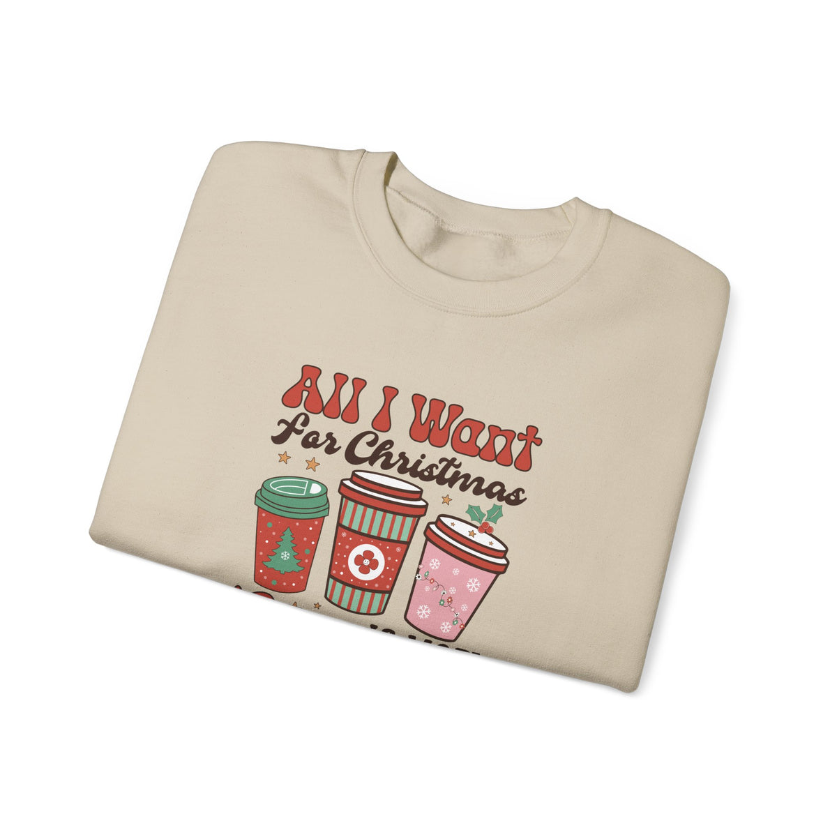 Sand personalized More Coffee Christmas sweatshirt, folded