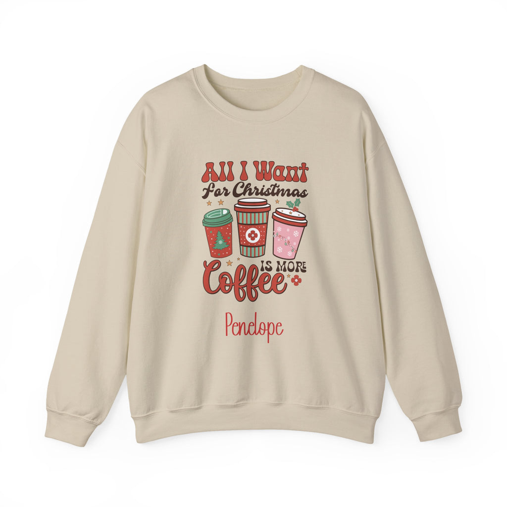 Sand personalized More Coffee Christmas sweatshirt, front view