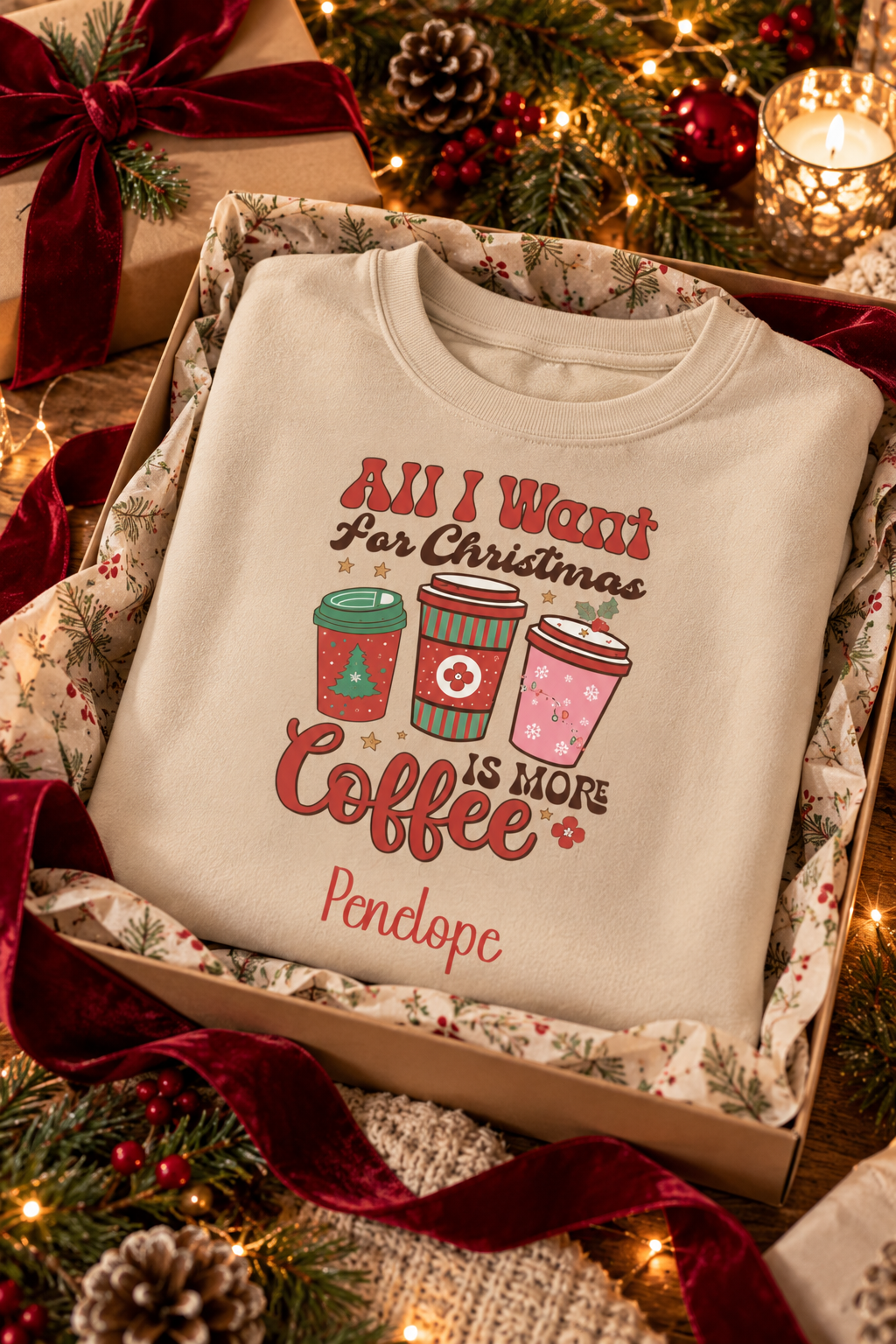 Sand personalized More Coffee Christmas sweatshirt, in a Christmas gift box, lifestyle photo