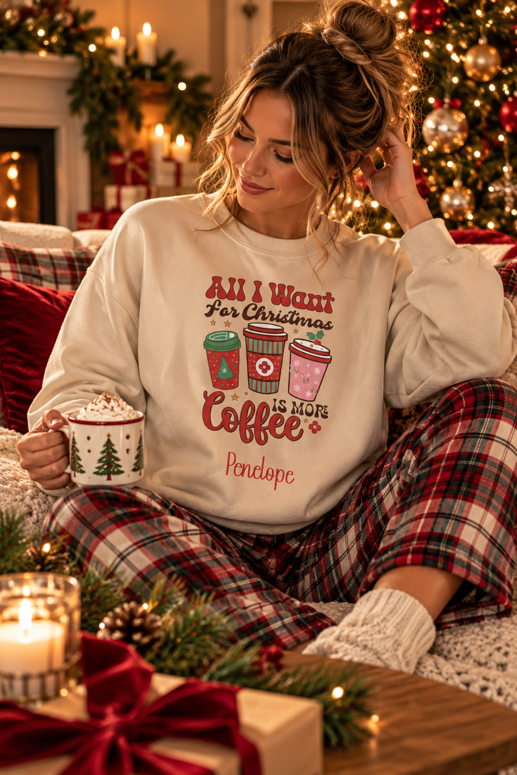 Sand personalized More Coffee Christmas sweatshirt, lifestyle photo by the Christmas tree