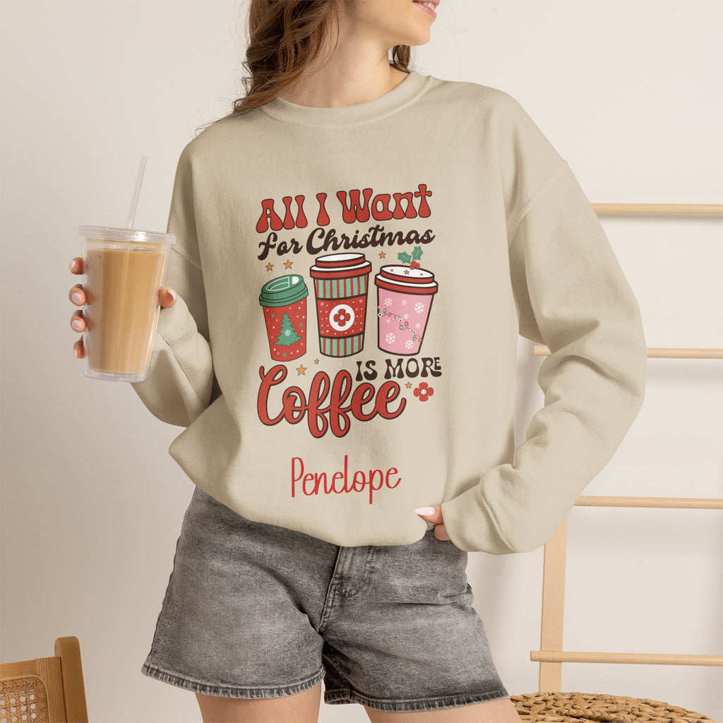 Sand personalized More Coffee Christmas sweatshirt, worn by model