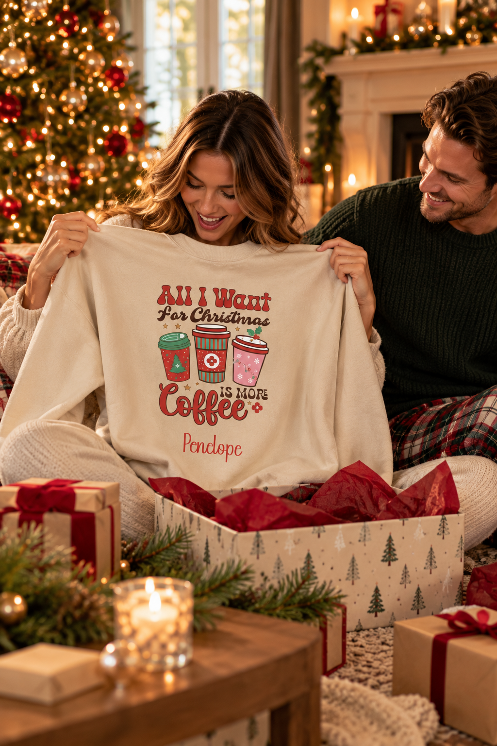 Sand personalized More Coffee Christmas sweatshirt, couple unwrapping it as a Christmas gift, lifestyle photo