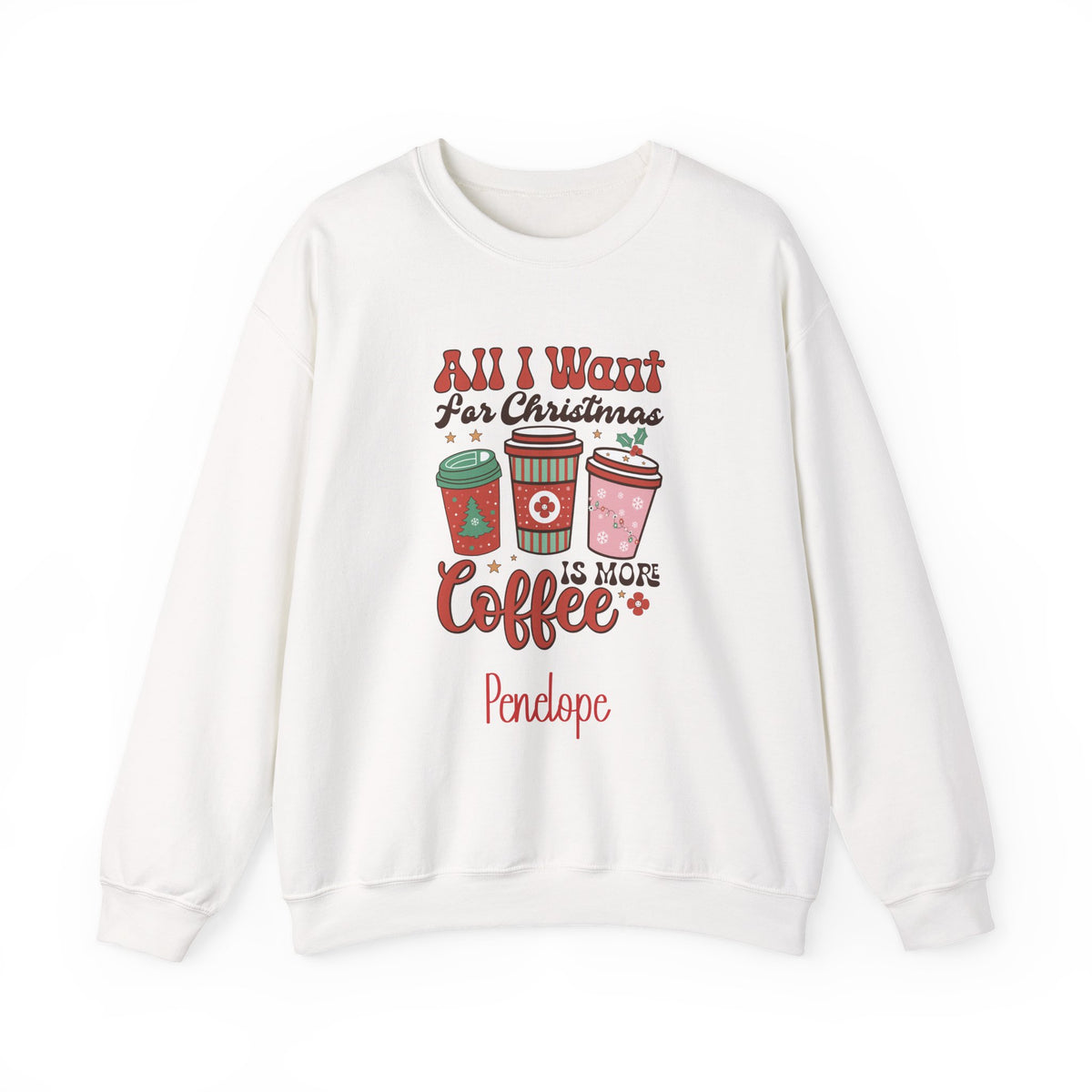 White personalized More Coffee Christmas sweatshirt, front view