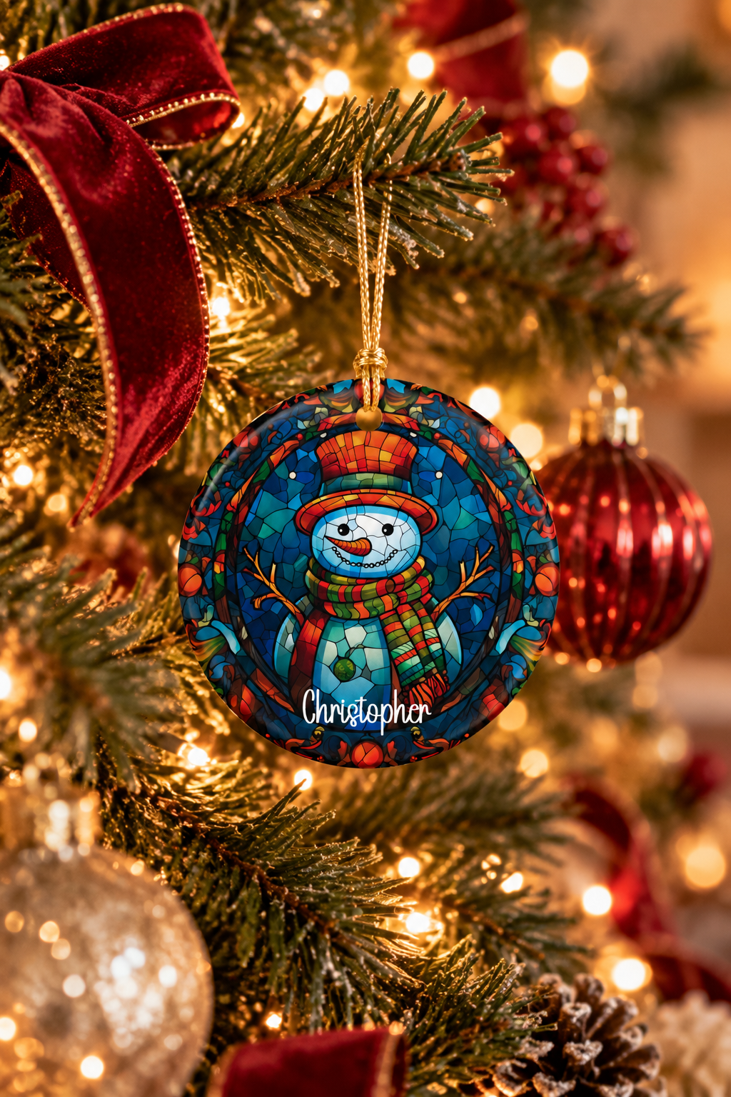 Personalized Colorful Mosaic Snowman ornament on a decorated Christmas tree with red ribbon and warm lights, lifestyle photo