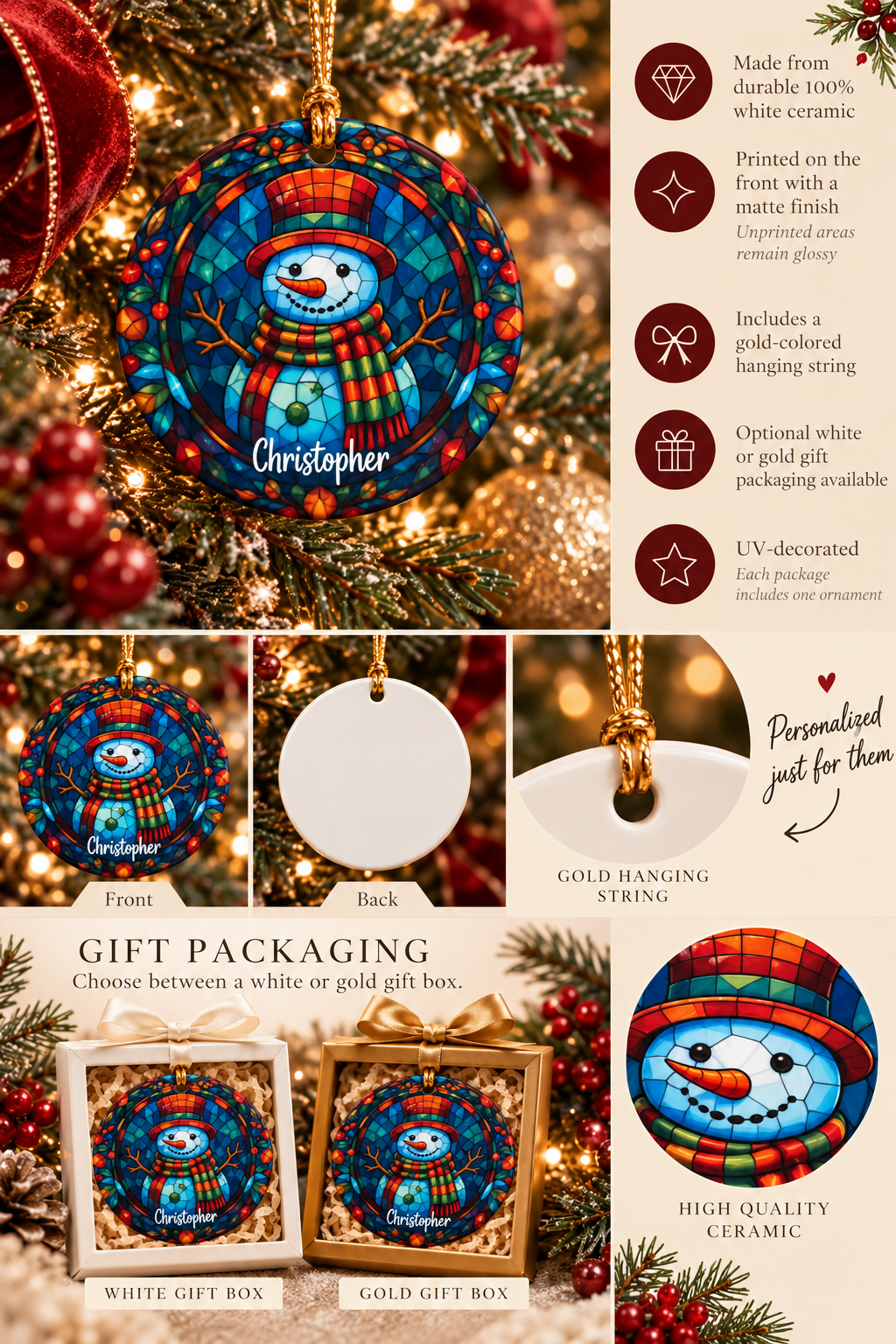 Personalized Colorful Mosaic Snowman ornament infographic with features, gift packaging options and care instructions