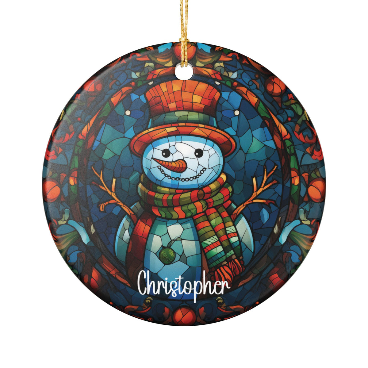 Personalized Colorful Mosaic Snowman ornament with a smiling snowman in a red top hat on a multicolored stained-glass background, front view