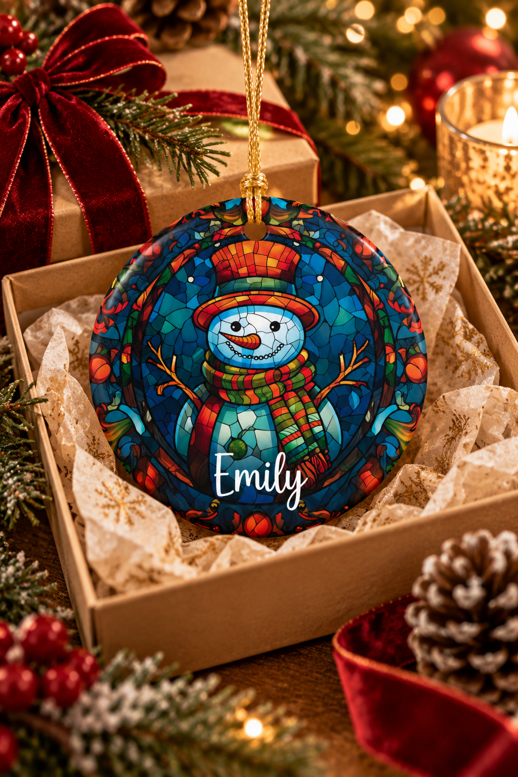 Mosaic snowman name ornament personalized with Emily in an open kraft gift box with red ribbon and pine