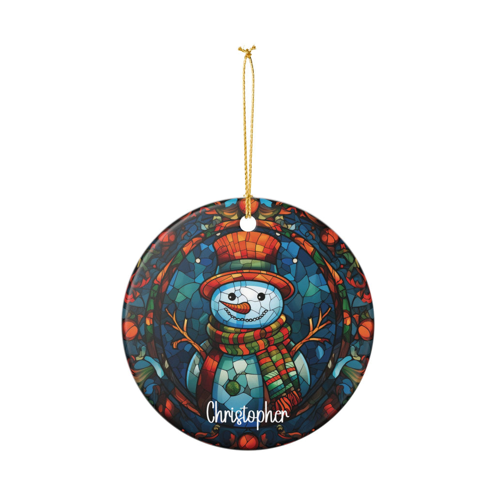 Personalized Colorful Mosaic Snowman ornament hanging from its gold string