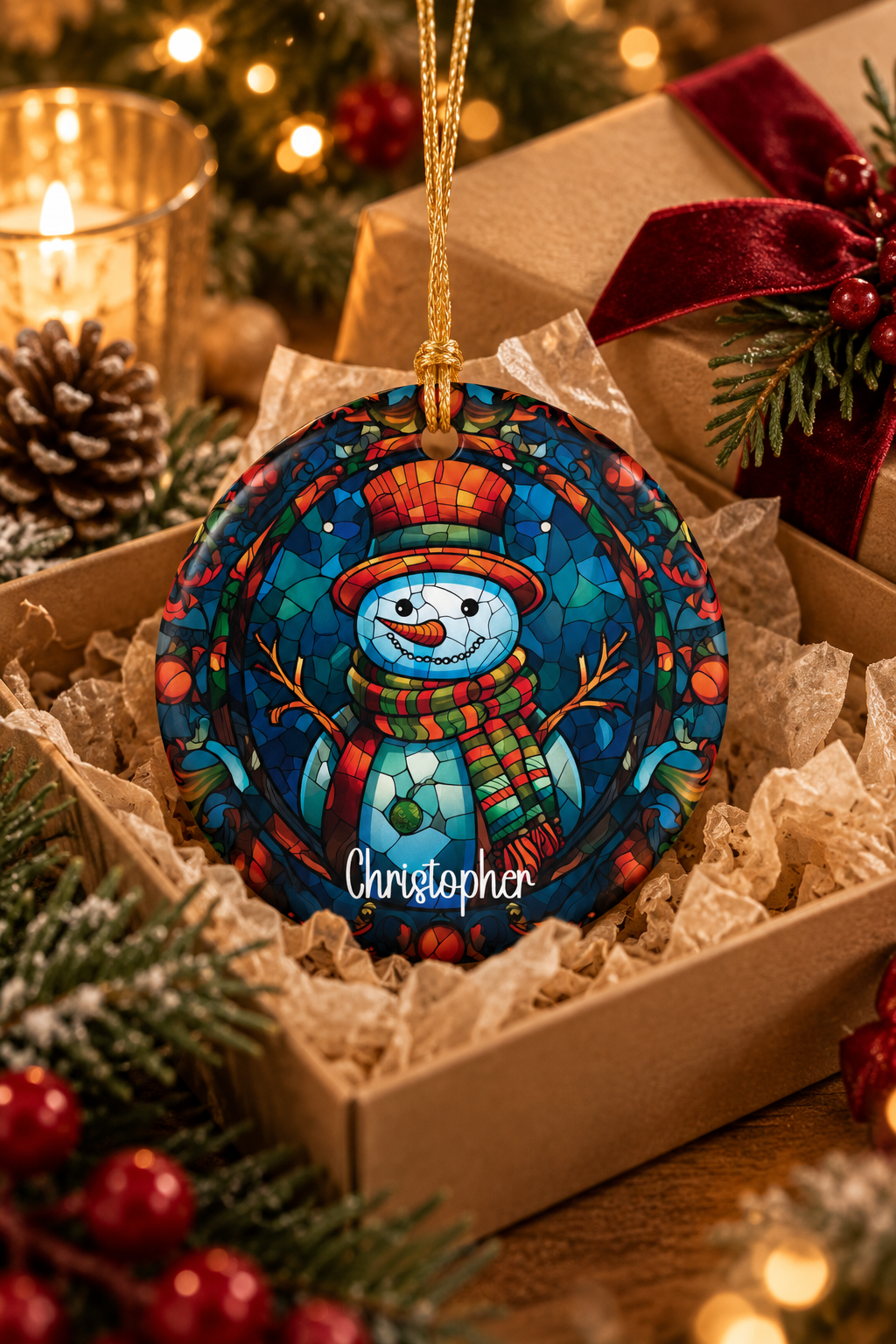 Colorful Mosaic Snowman ornament personalized with Christopher, nestled in a kraft gift box with crinkle paper