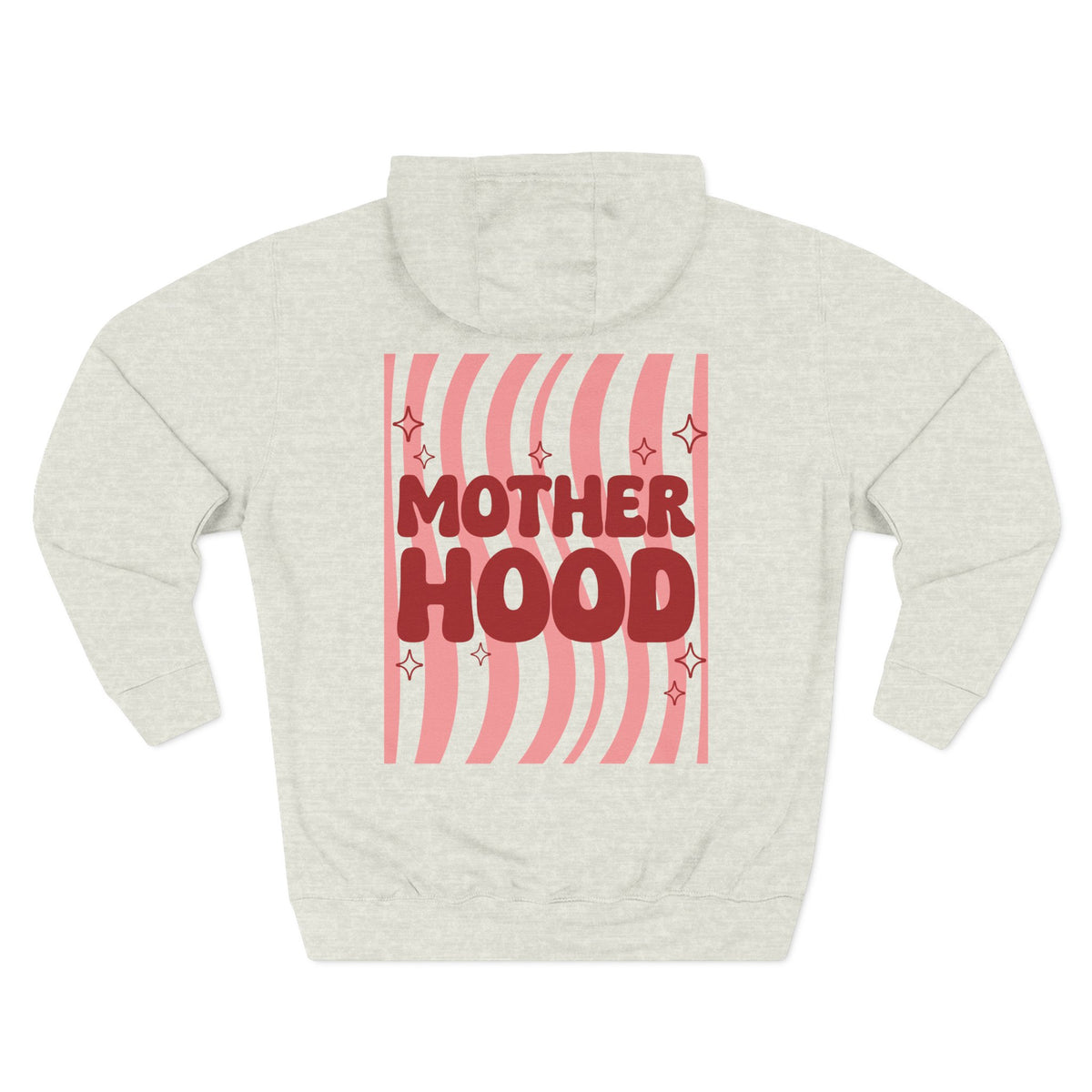 Oatmeal heather personalized hoodie, back view, with “Motherhood” design