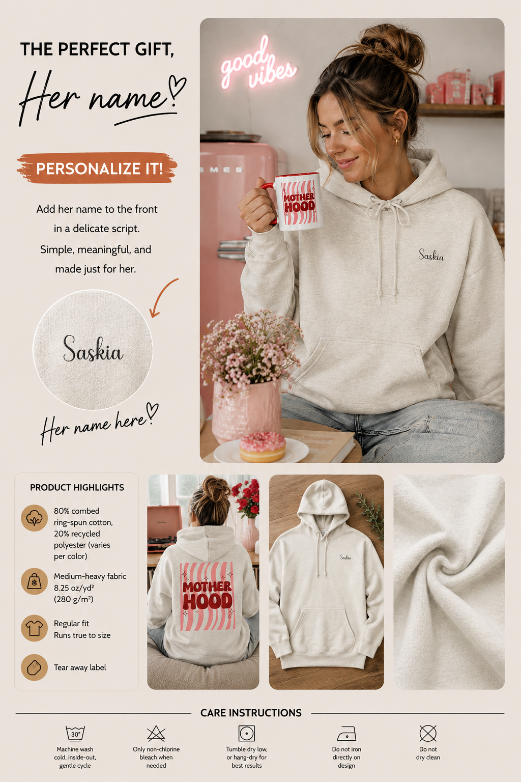 Product information graphic showing personalization placement, fabric details, and care instructions