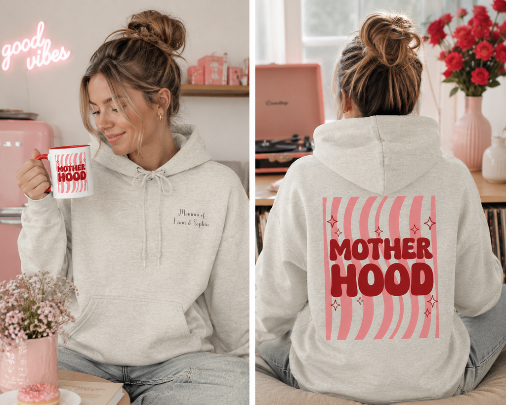 Woman wearing the personalized hoodie, front view with name on the chest and back view showing the design
