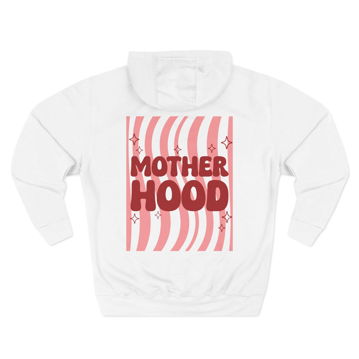 Front view of white hoodie with customizable name embroidered on the chest
